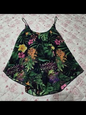 Floral Tropical Print Spaghetti Strap Tank Top - Navy Blue/Green